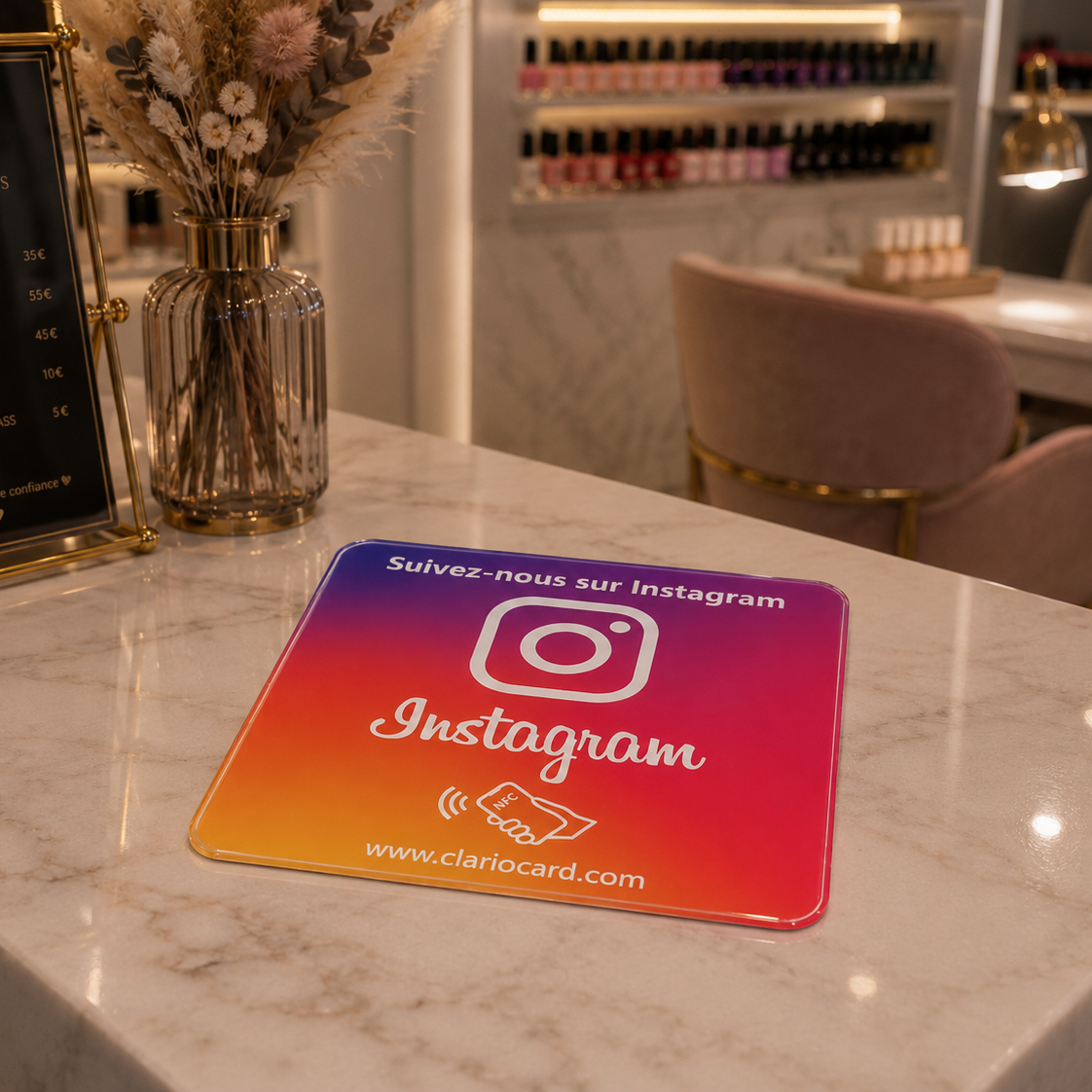 Plaque Instagram NFC ClarioCard — Gagnez des followers en 1 tap · Sans abonnement