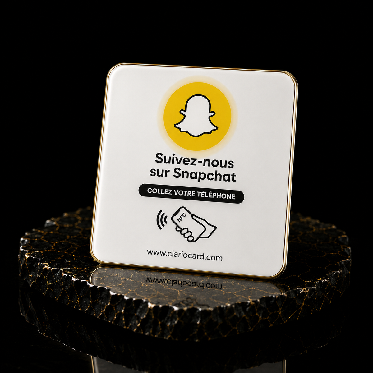 Plaque Snapchat NFC ClarioCard — Développez votre audience en 1 tap · Sans abonnement