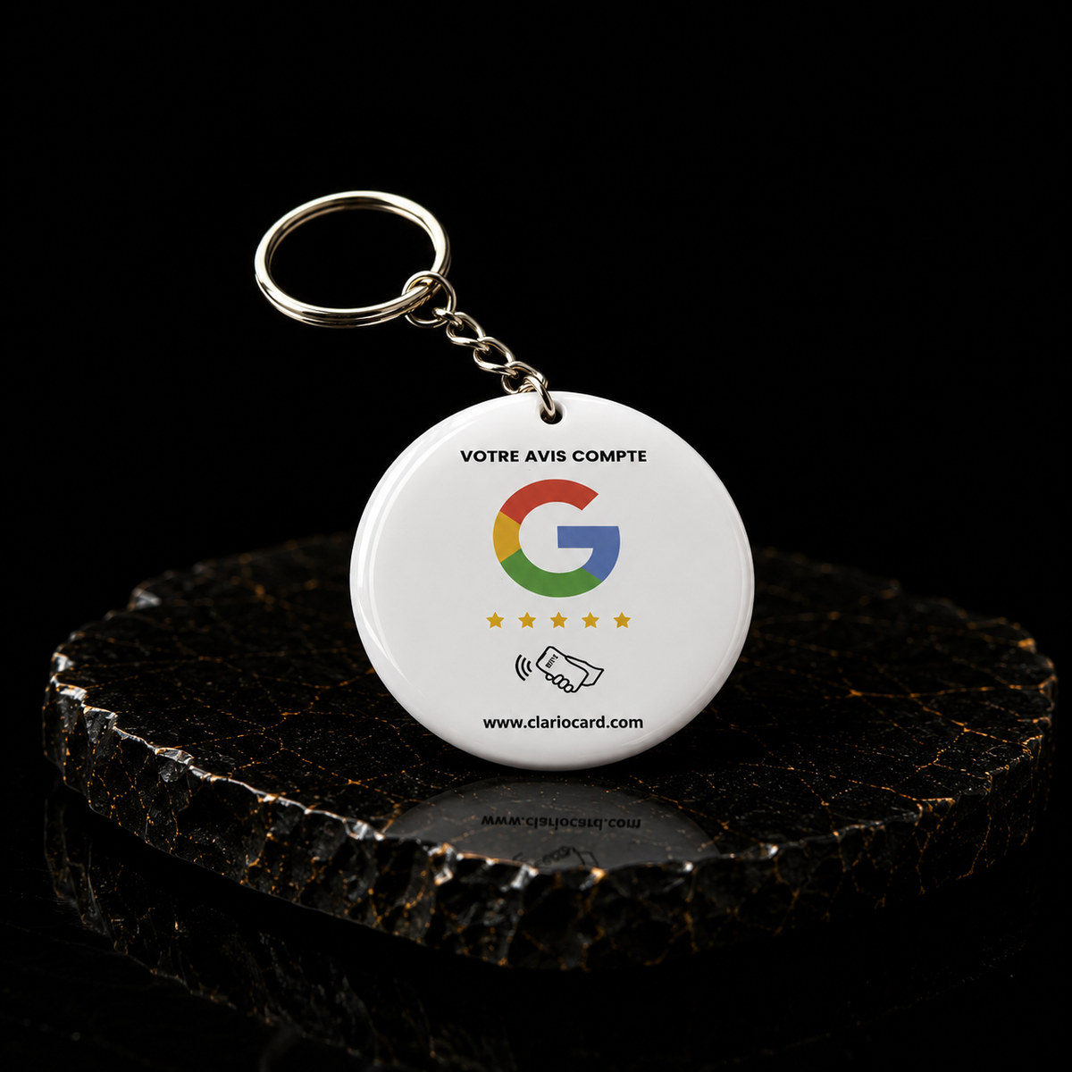 Porte-clés Google Avis NFC ClarioCard — Collectez des avis partout · Sans abonnement