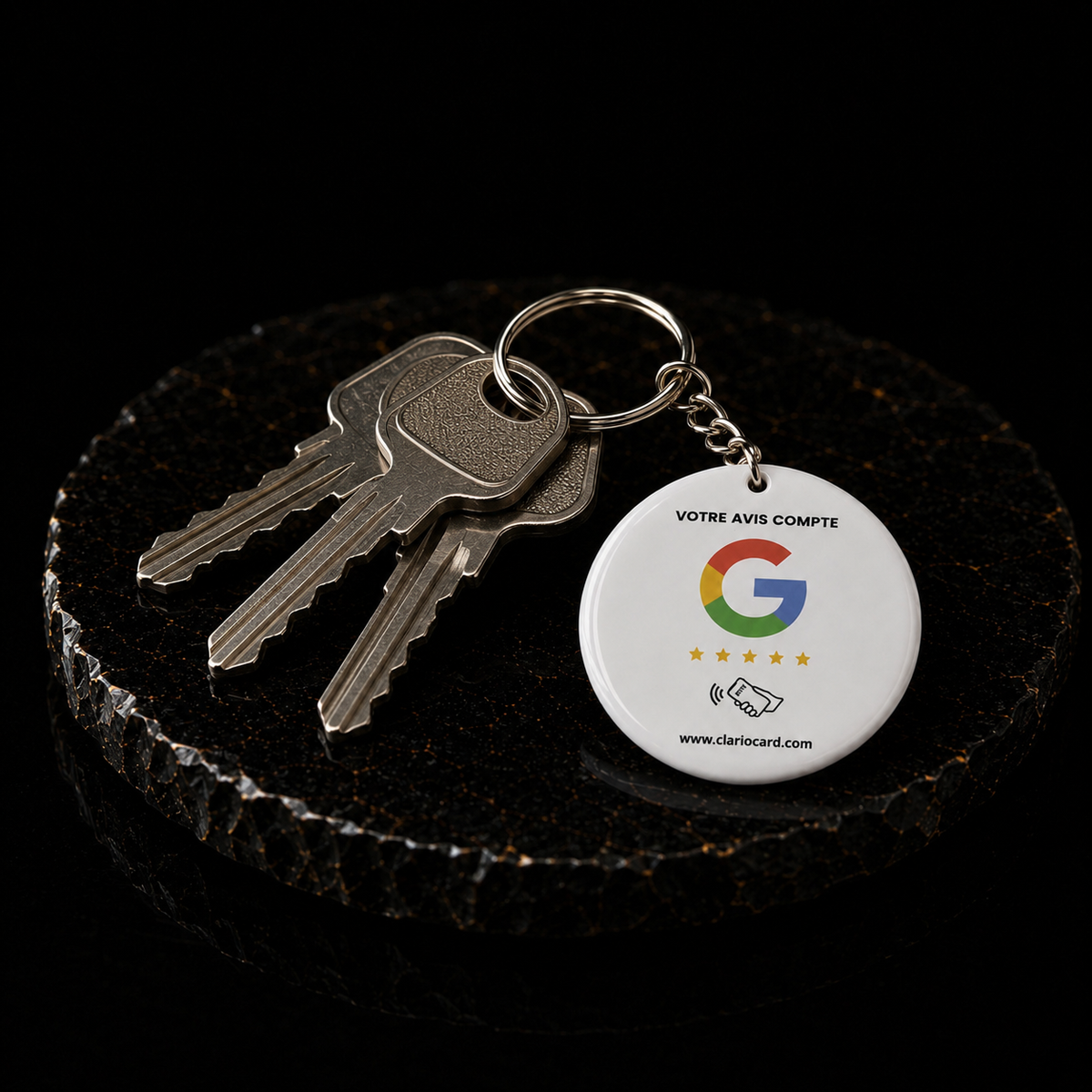 Porte-clés Google Avis NFC ClarioCard — Collectez des avis partout · Sans abonnement