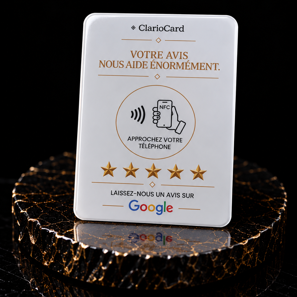 Carte Google Avis NFC ClarioCard — Format carte de crédit · Finitions : Blanc ou Noir · Sans abonnement