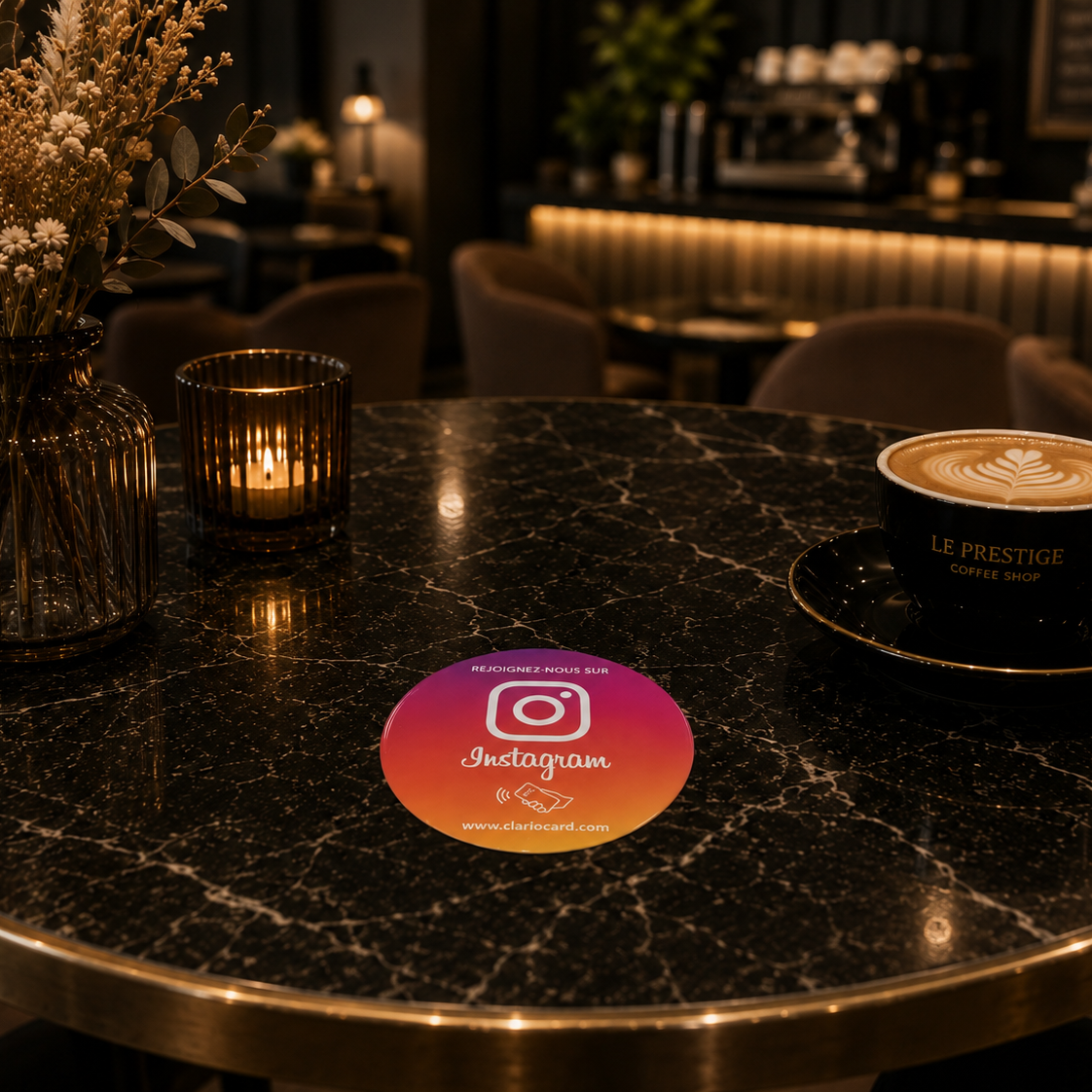 Plaque Circulaire Instagram NFC ClarioCard — Gagnez des followers en 1 tap · Sans abonnement