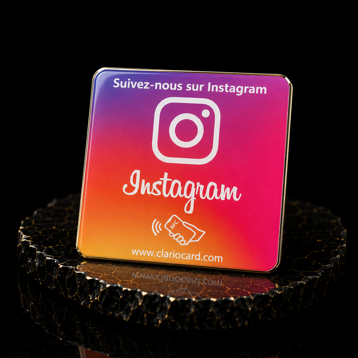 Plaque Instagram NFC ClarioCard — Gagnez des followers en 1 tap · Sans abonnement