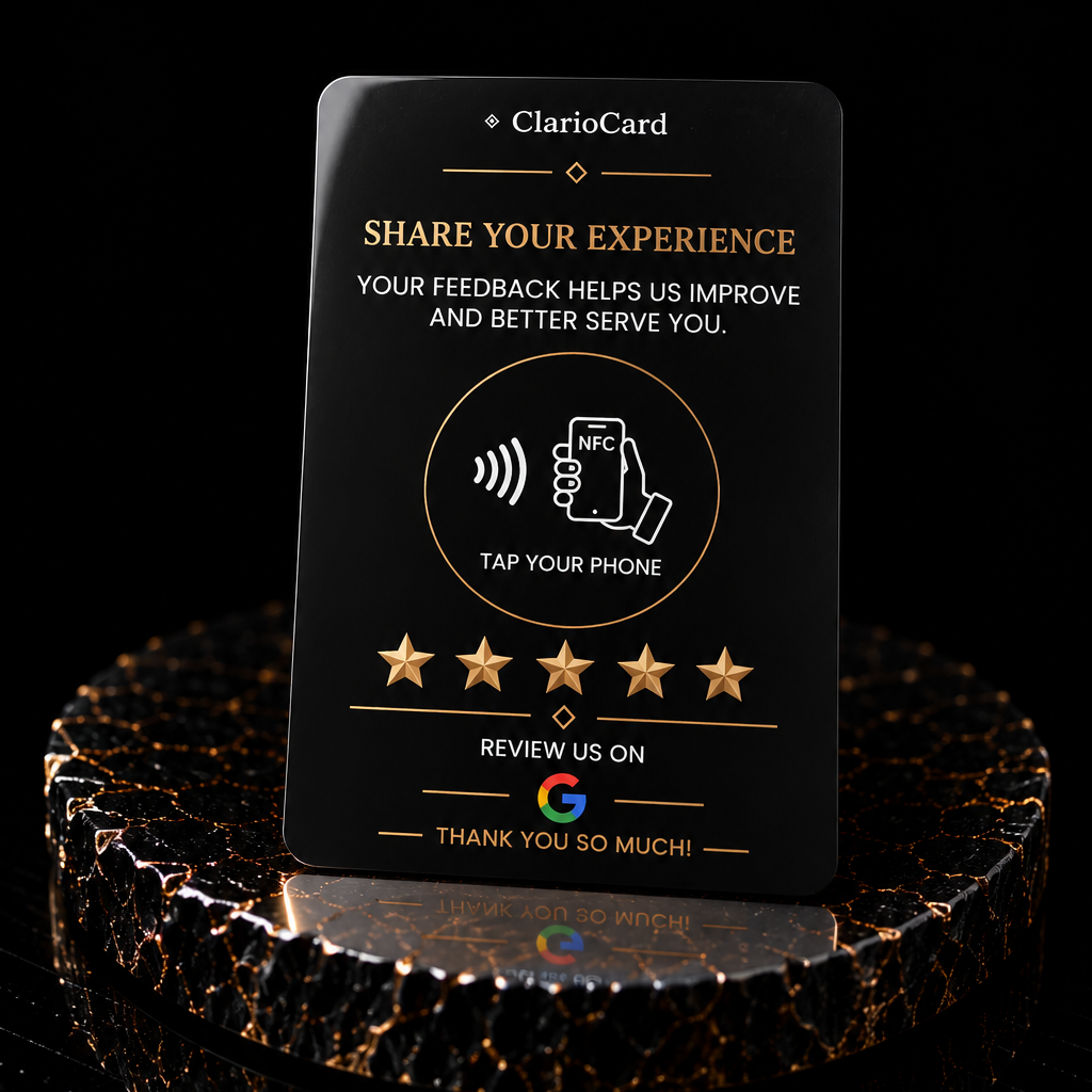 Carte Google Avis NFC ClarioCard — Format carte de crédit · Finitions : Blanc ou Noir en Anglais · Sans abonnement