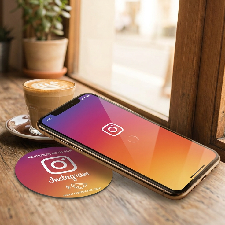 Plaque Circulaire Instagram NFC ClarioCard — Gagnez des followers en 1 tap · Sans abonnement