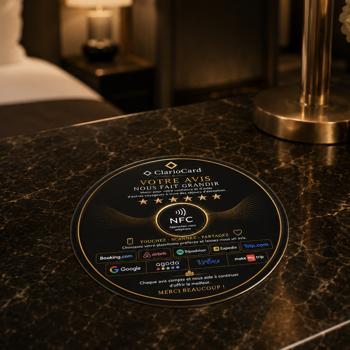 Plaque Circulaire Hôtel NFC ClarioCard — 9 plateformes en 1 tap · Sans abonnement