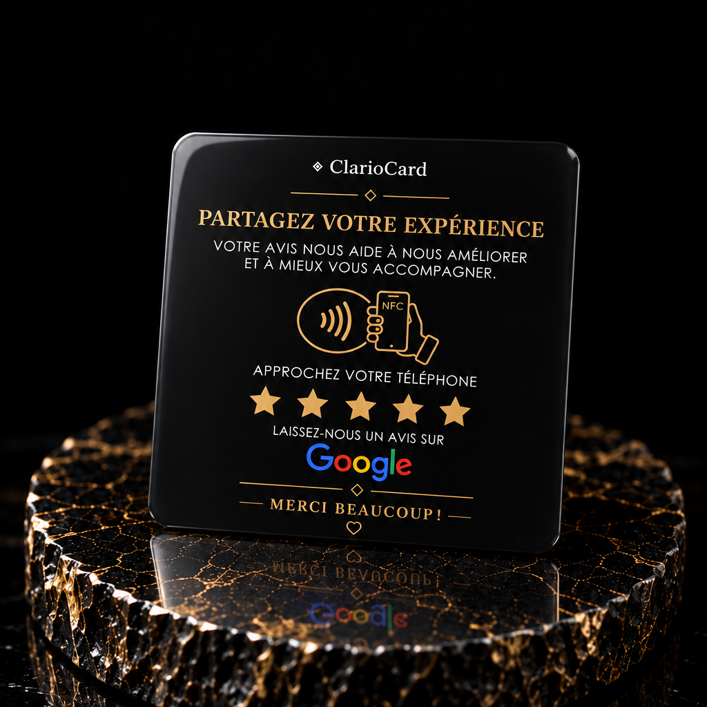 Plaque Google Avis NFC ClarioCard — Collectez plus d'avis en 1 tap · Finitions : Blanc ou Noir · Sans abonnement