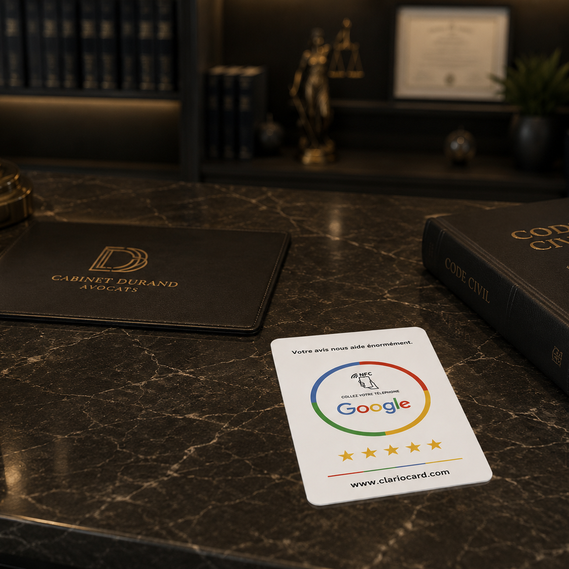 Carte Google Avis NFC ClarioCard — Format carte de crédit · Sans abonnement
