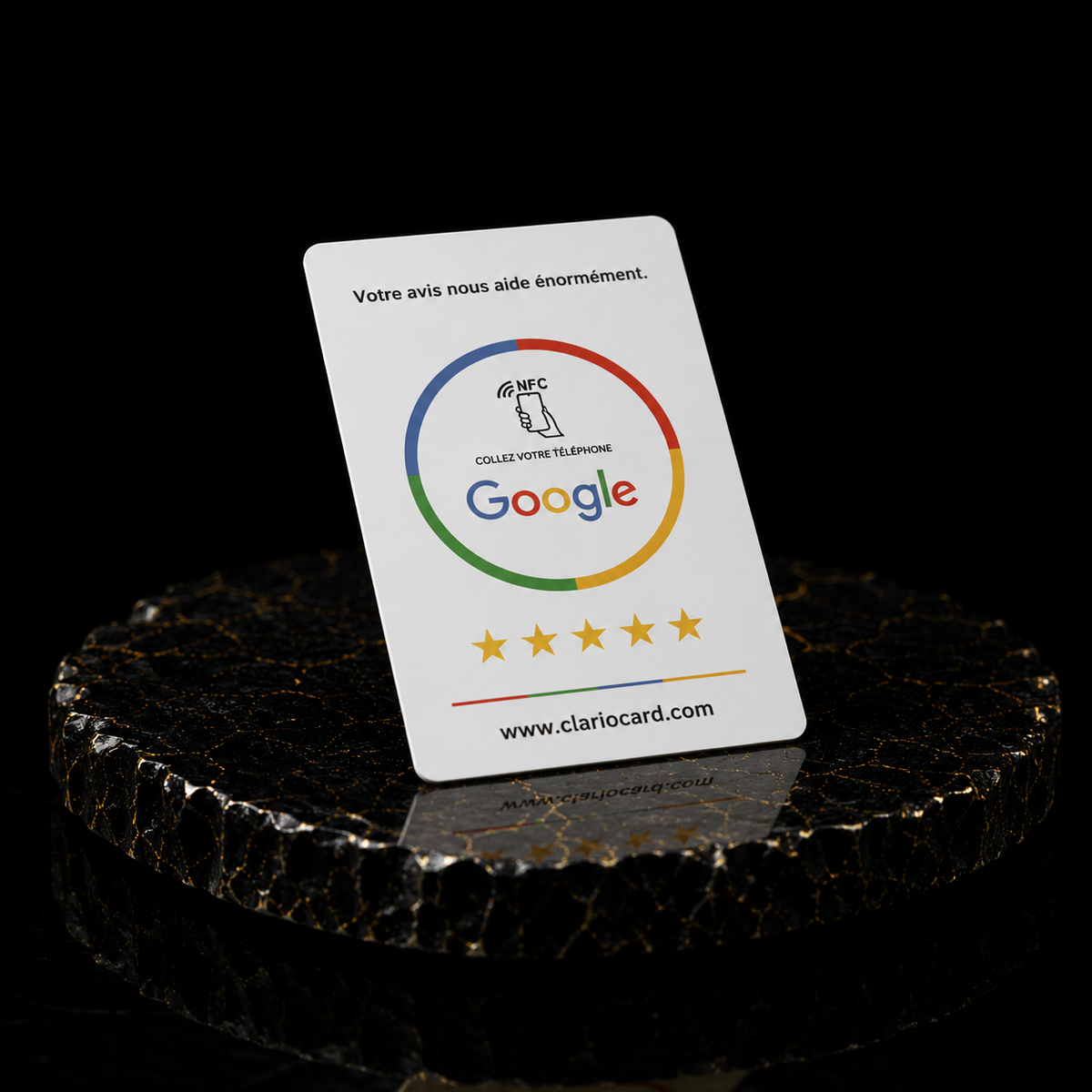 Carte Google Avis NFC ClarioCard — Format carte de crédit · Sans abonnement