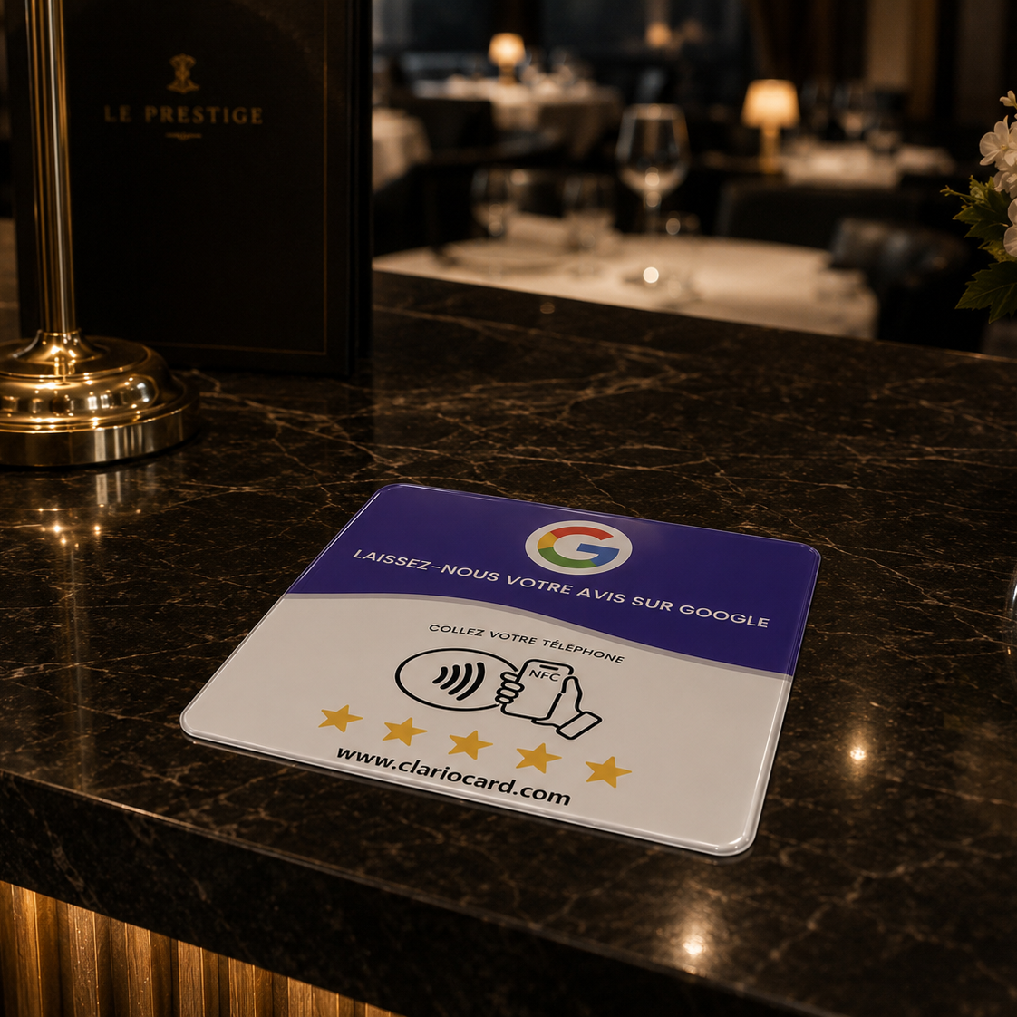 Plaque Google Avis NFC ClarioCard — Collectez plus d'avis en 1 tap · Sans abonnement