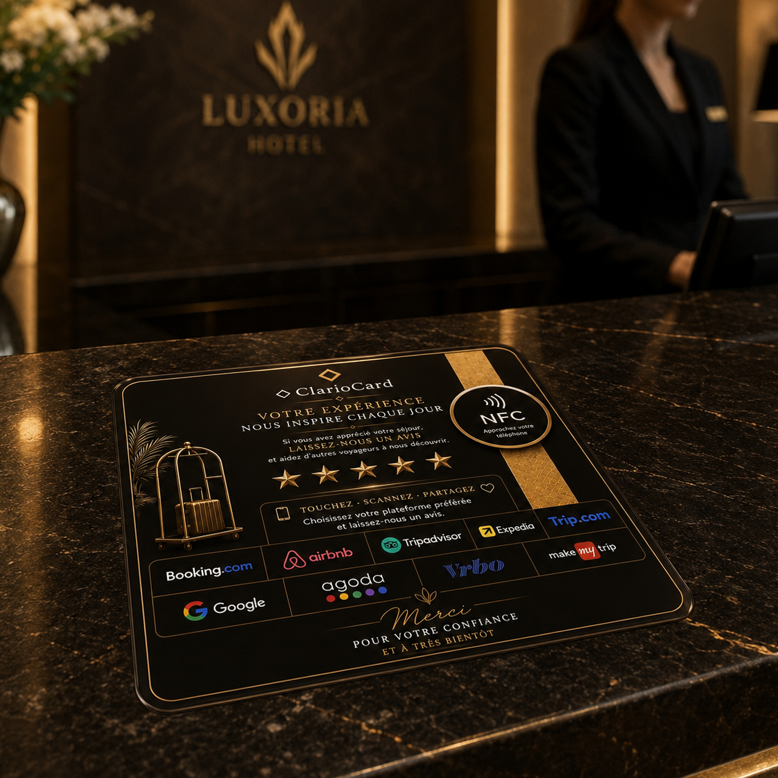 Plaque Hôtel NFC ClarioCard — Collectez des avis sur 9 plateformes en 1 tap · Sans abonnement