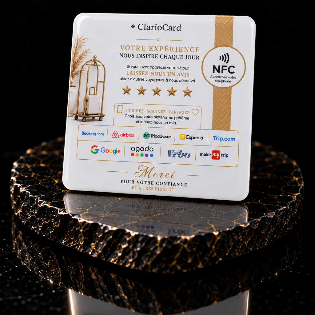 Plaque Hôtel NFC ClarioCard — Collectez des avis sur 9 plateformes en 1 tap · Sans abonnement