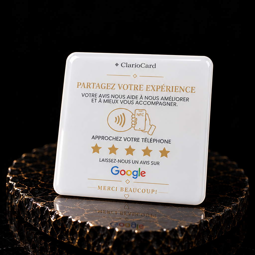 Plaque Google Avis NFC ClarioCard — Collectez plus d'avis en 1 tap · Finitions : Blanc ou Noir · Sans abonnement