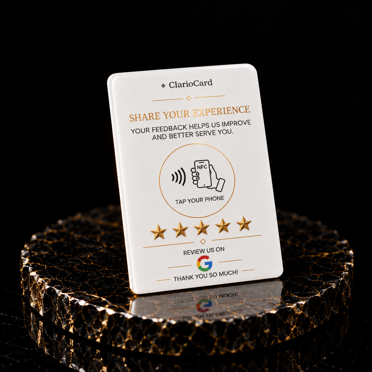 Carte Google Avis NFC ClarioCard — Format carte de crédit · Finitions : Blanc ou Noir en Anglais · Sans abonnement