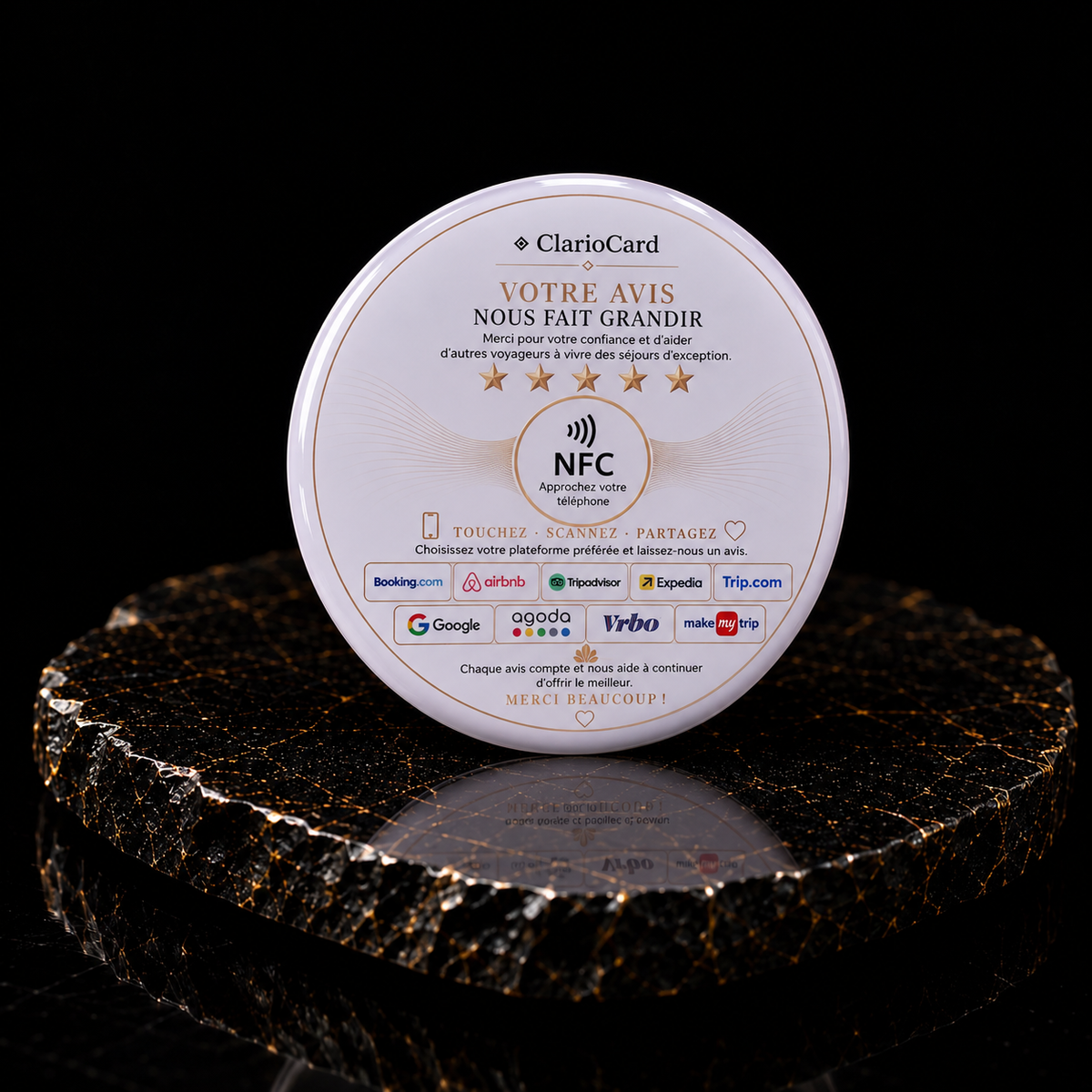 Plaque Circulaire Hôtel NFC ClarioCard — 9 plateformes en 1 tap · Sans abonnement