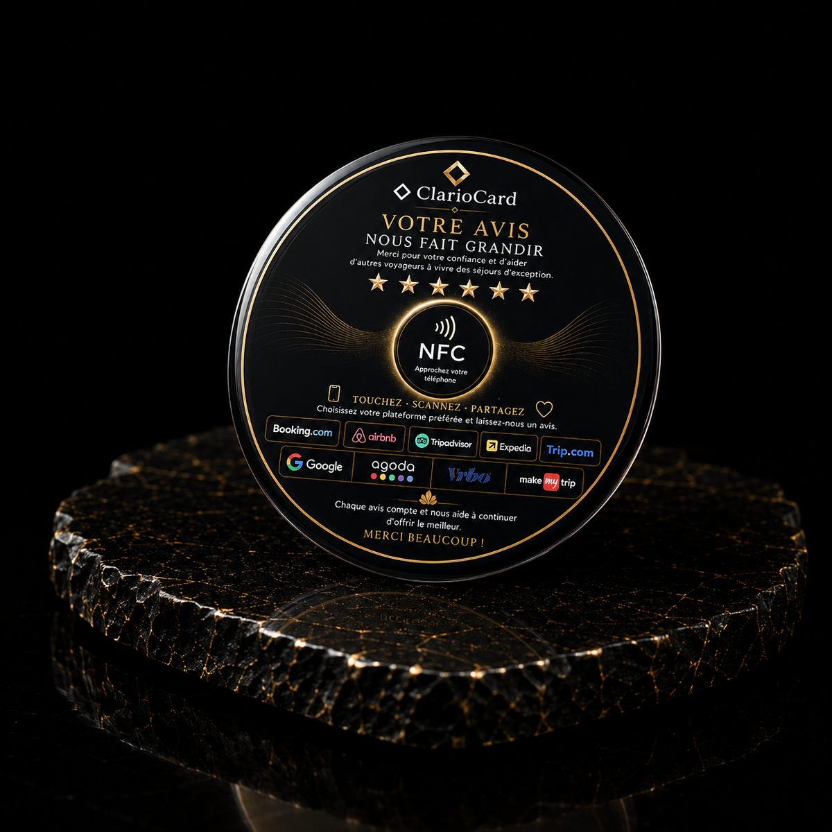 Plaque Circulaire Hôtel NFC ClarioCard — 9 plateformes en 1 tap · Sans abonnement