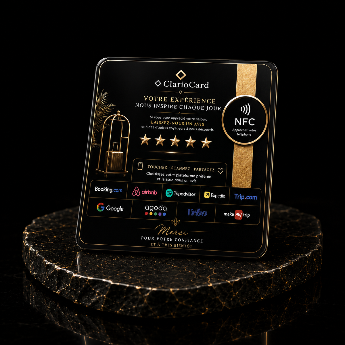 Plaque Hôtel NFC ClarioCard — Collectez des avis sur 9 plateformes en 1 tap · Sans abonnement