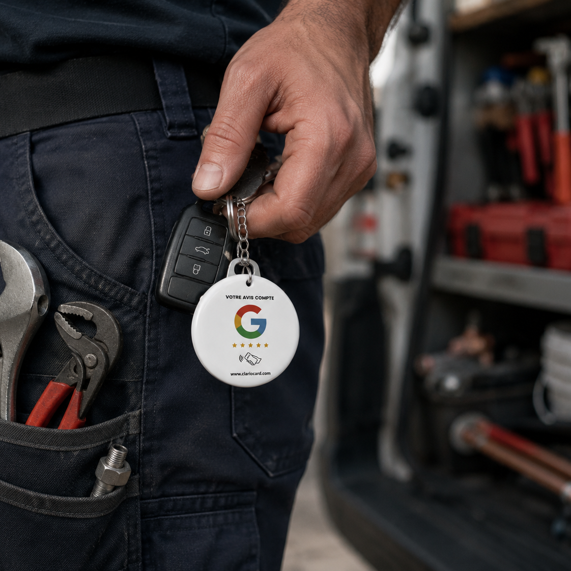 Porte-clés Google Avis NFC ClarioCard — Collectez des avis partout · Sans abonnement