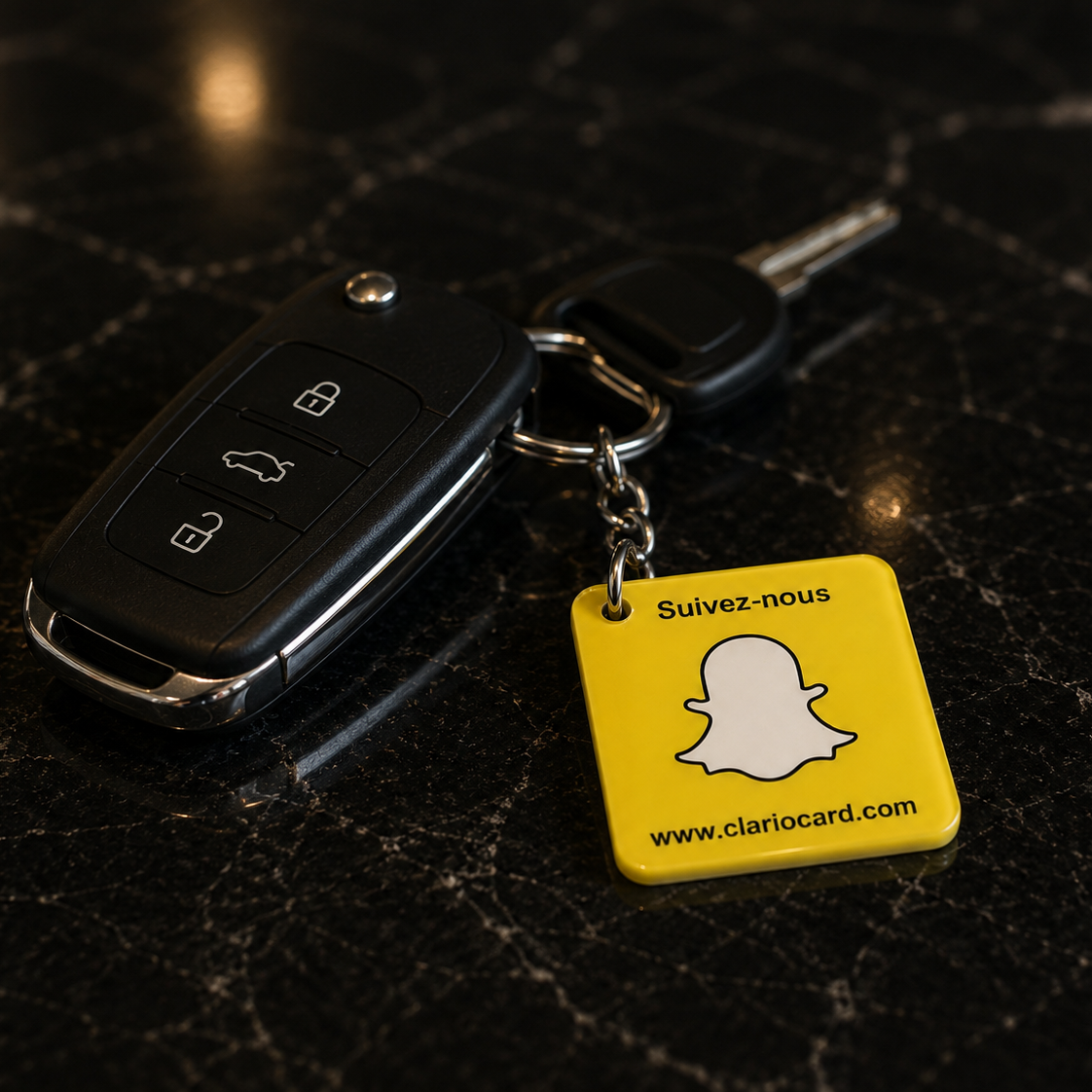 Porte-clés Snapchat NFC ClarioCard — Votre profil toujours avec vous · Sans abonnement