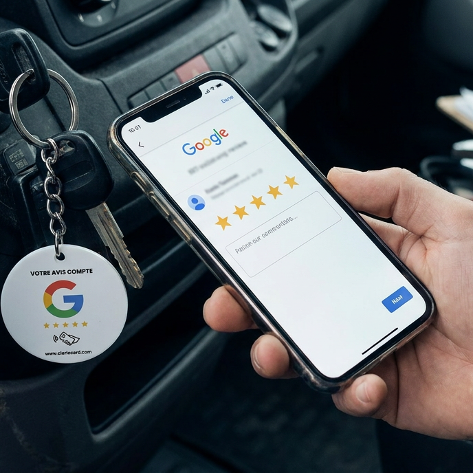 Porte-clés Google Avis NFC ClarioCard — Collectez des avis partout · Sans abonnement